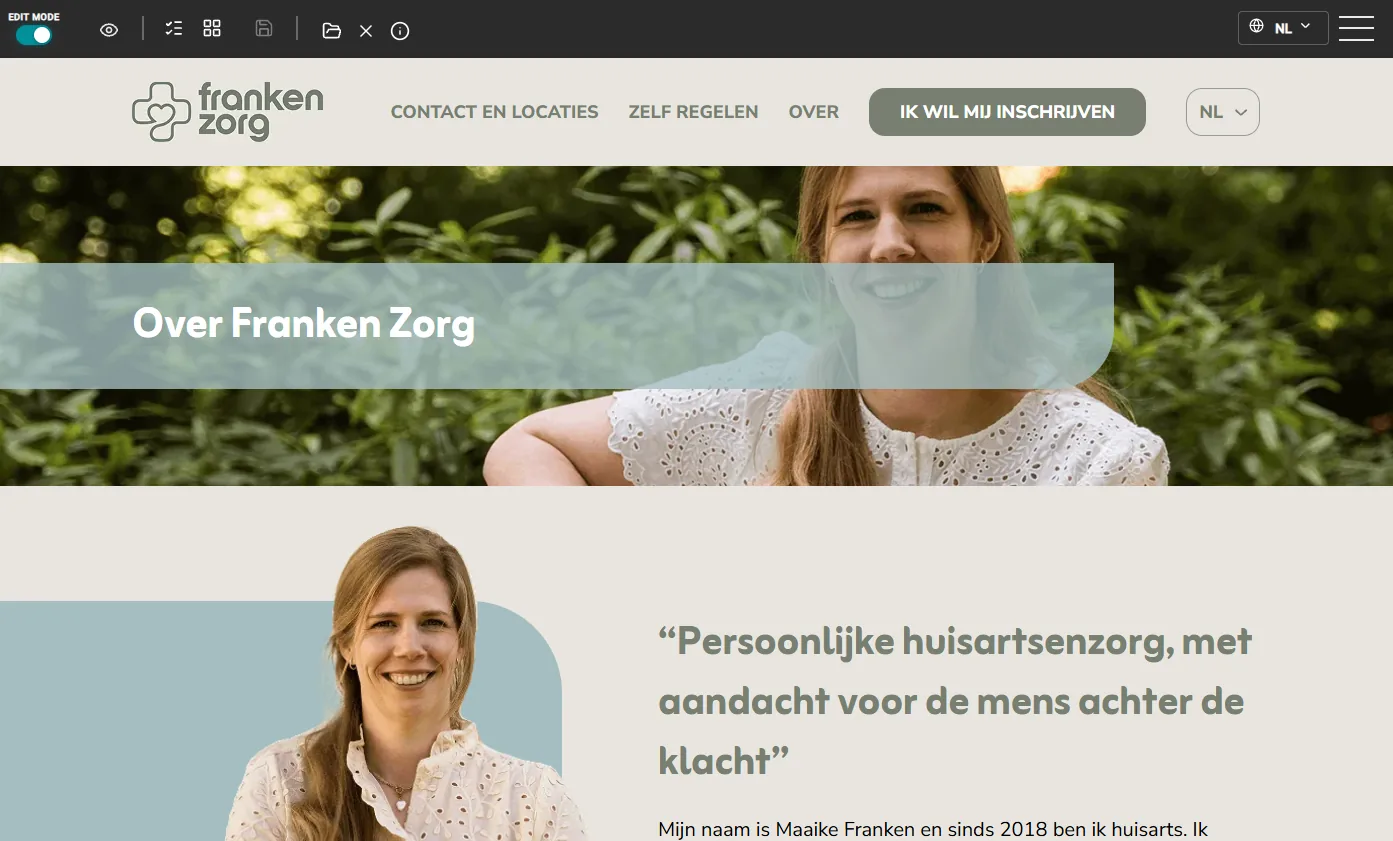 Dezelfde pagina met de bewerkmodus ingeschakeld; de werkbalk staat boven de pagina.
